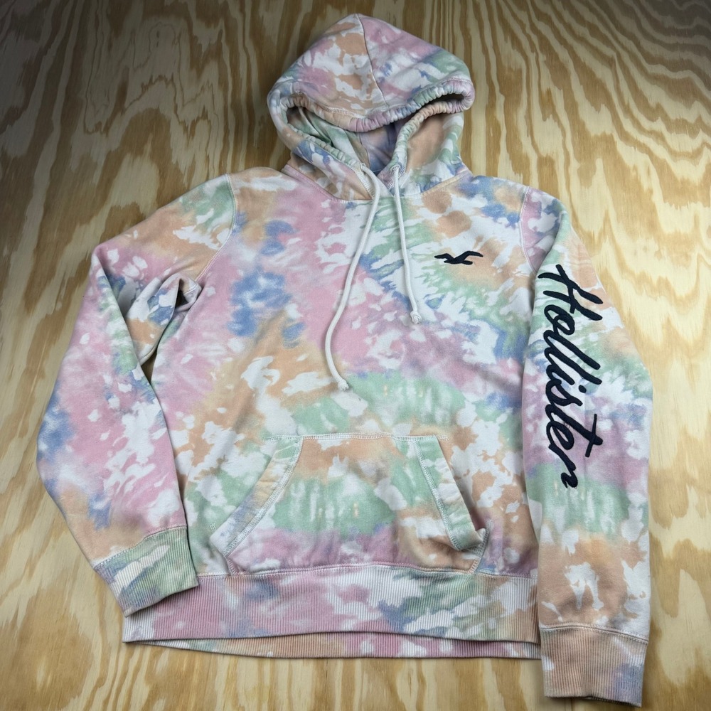 Hollister Pastel Tie Dye Pullover Hoodie Womens Medium Logo Sleeve Graphic
